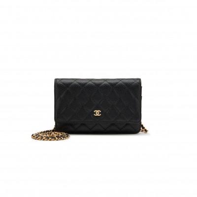 CHANEL MASTER BLACK QUILTED CAVIAR WALLET ON CHAIN WOC GOLD HARDWARE 3965147 (19*12*3cm)